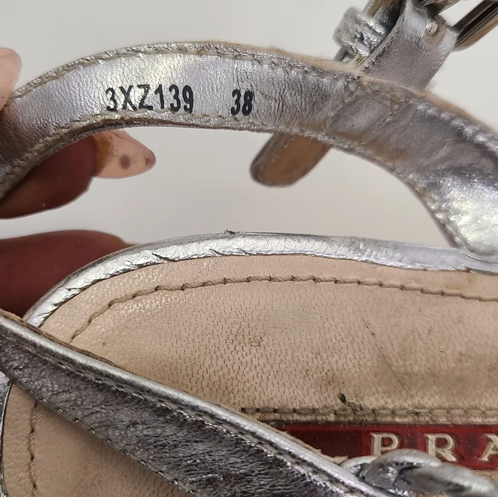 Prada silver leather strappy Wedge heel with Cork Heel peep toe size‎ 38